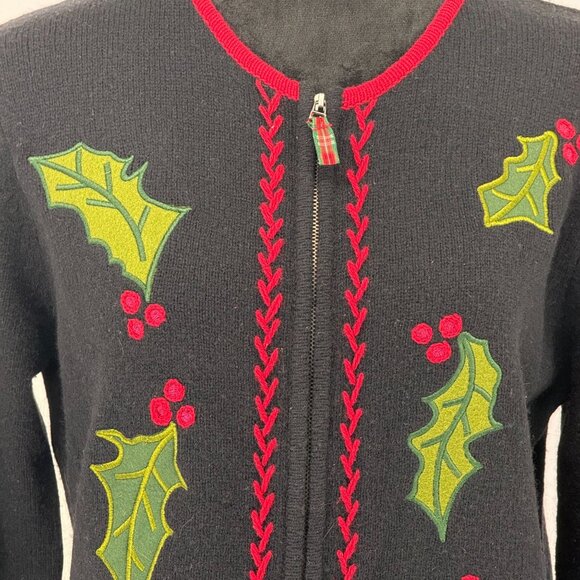Charter Club Christmas Sweater Womens MP Lambswool Black Holly Embroidery‎ Zip - Picture 5 of 7